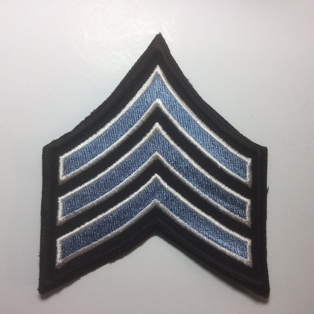 (2) Sergeant Chevron - 3 White / Light Blue Stripes on Black Patch - 3.5" Wide