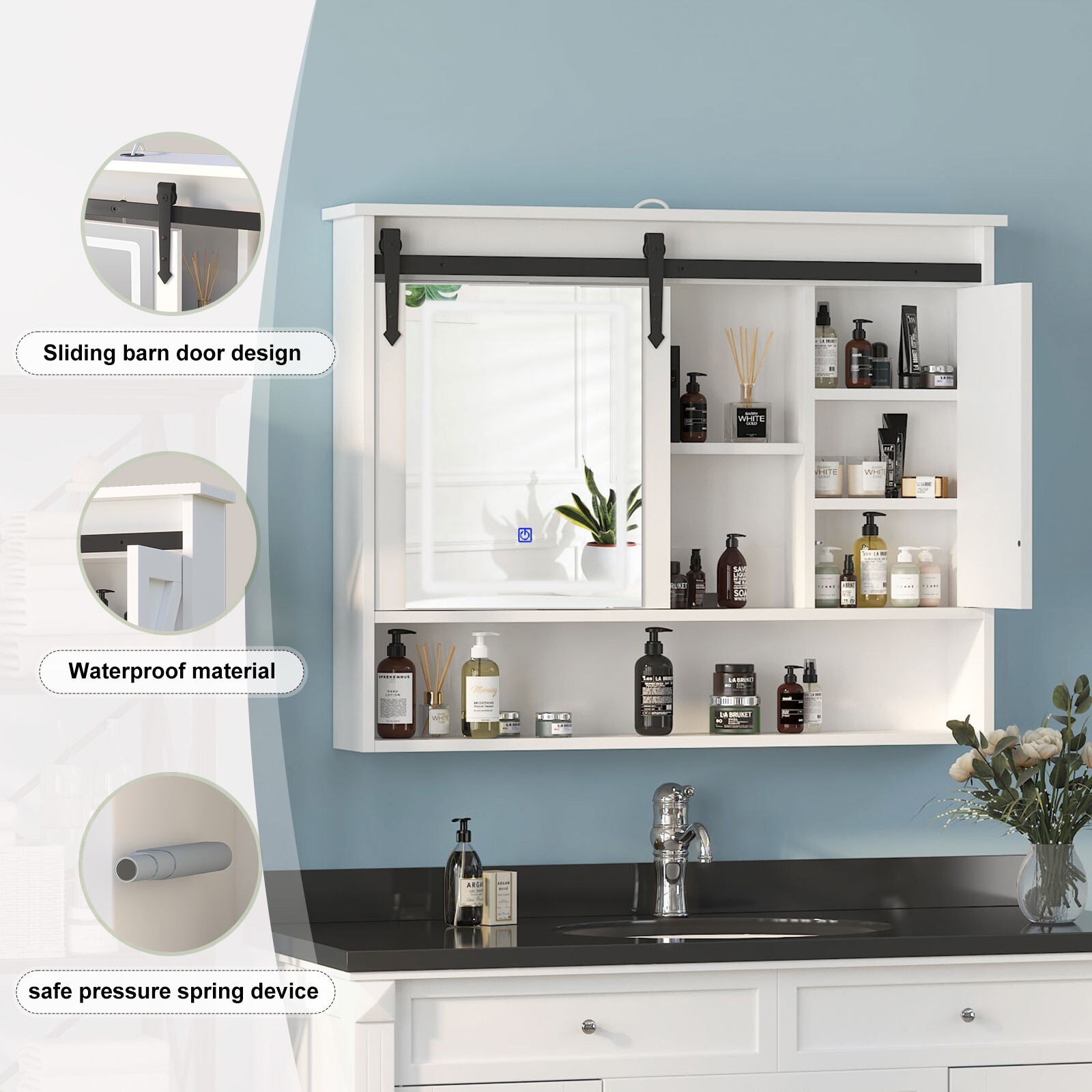 LED Medicine Cabinet Mirror Bathroom Wall Cabinet w/Lights and Sliding Barn Door