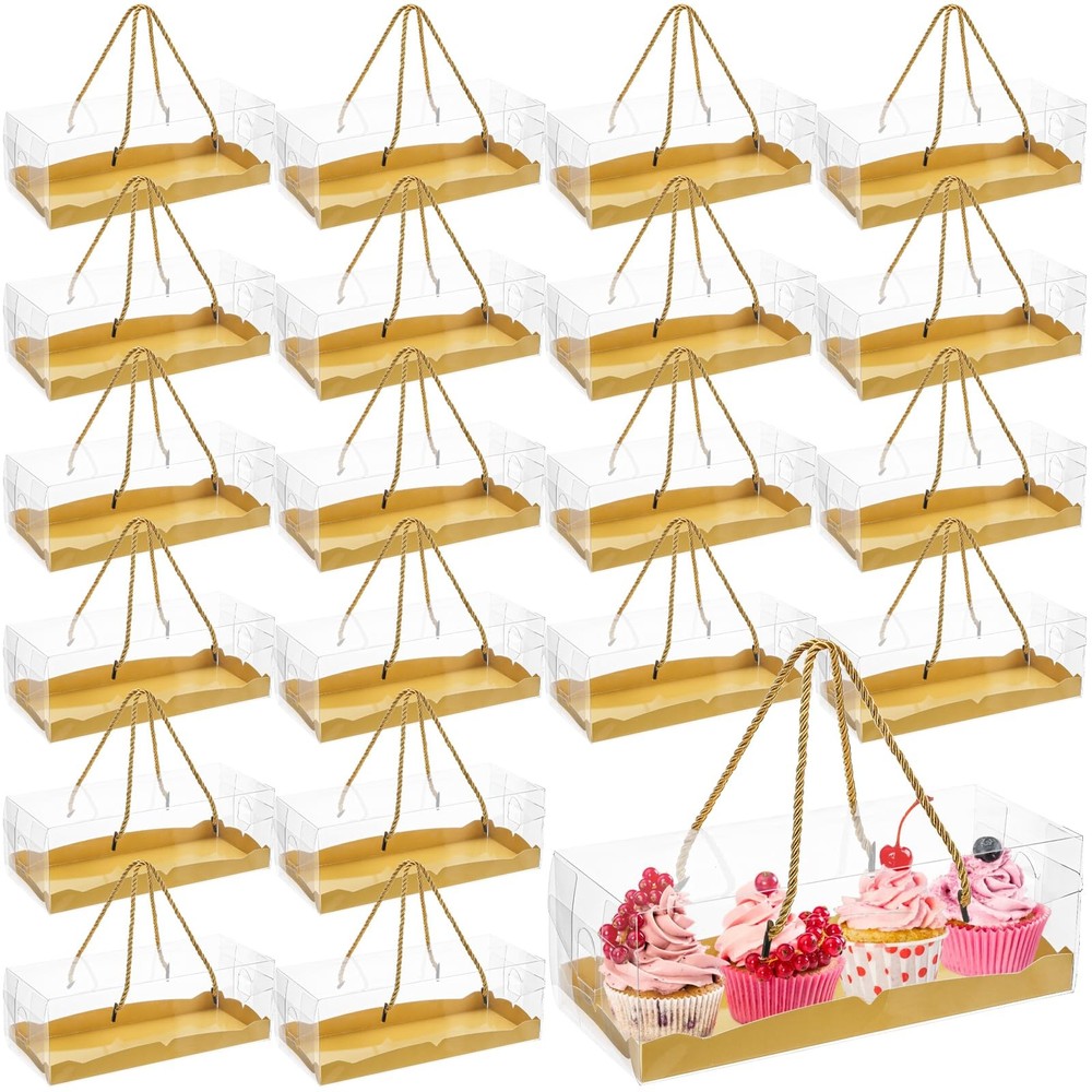 20 Pack Clear Roll Cake Boxes with Portable Handles, Rectangle Bakery Cake Bo...