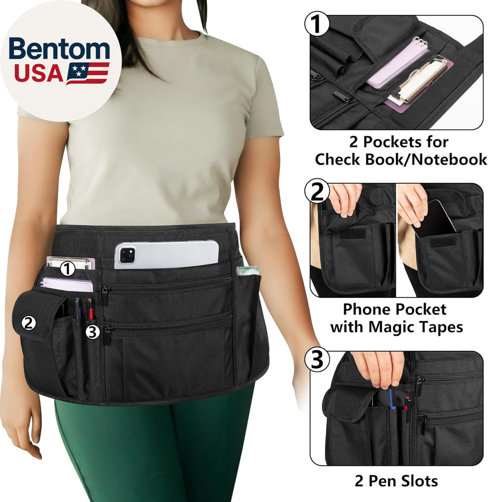 Waitress Server Apron with Multiple Pockets, Half Apron with Adjustable Belt for