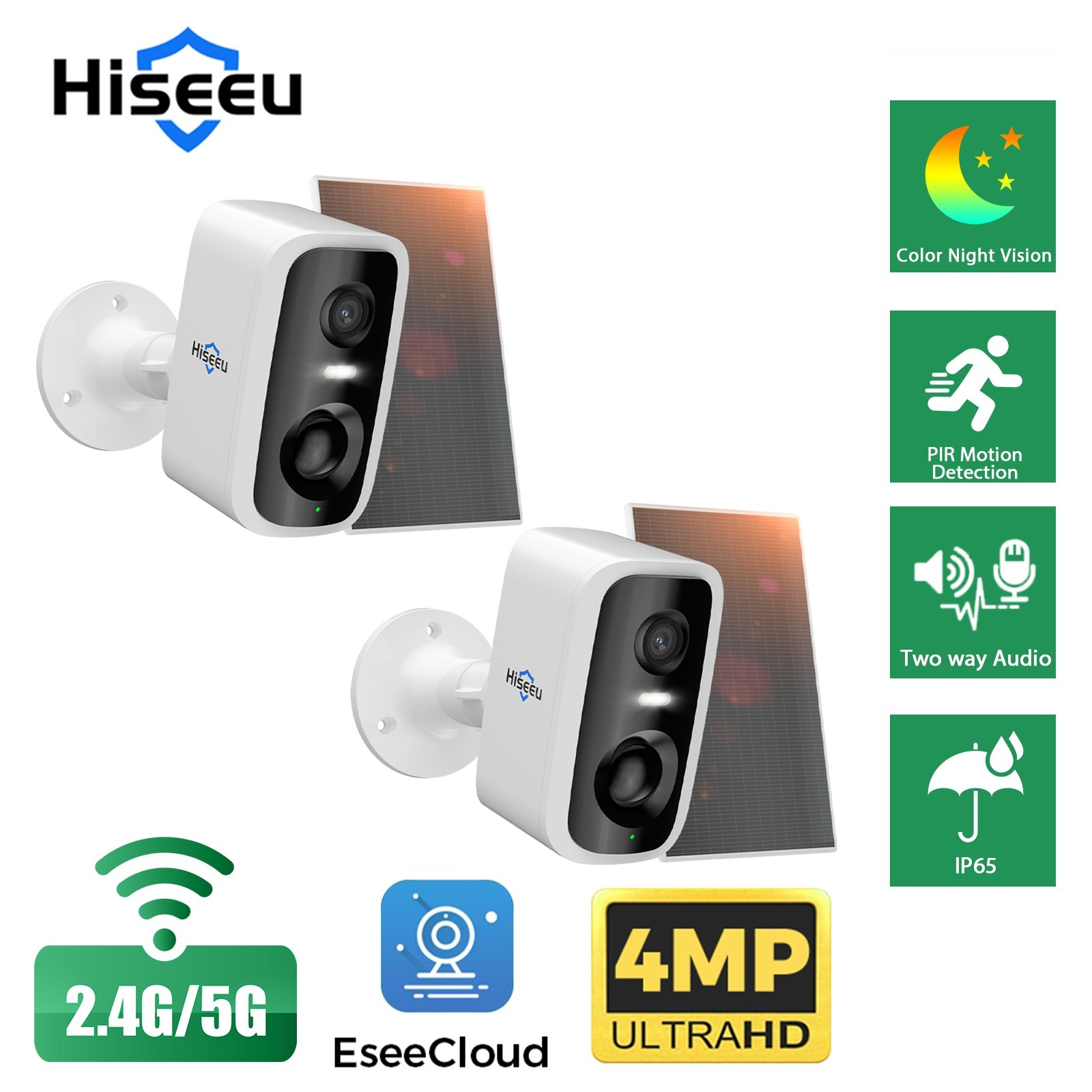2PCS Hiseeu 4MP Outdoor Solar Battery 2.4G/5G Wifi Audio PIR IP Security Camera
