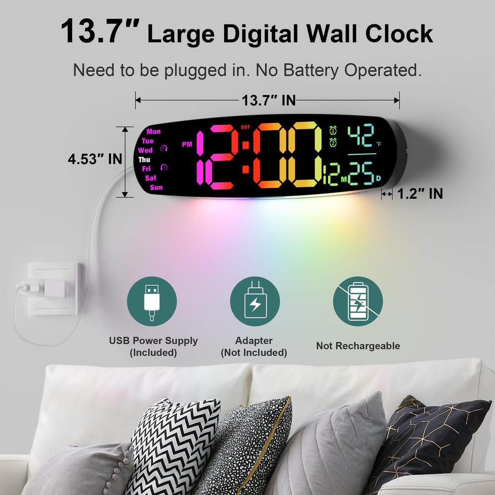 Digital Wall Clock, 13.7 Inch Large LED Display with Temperature and Date, Re...