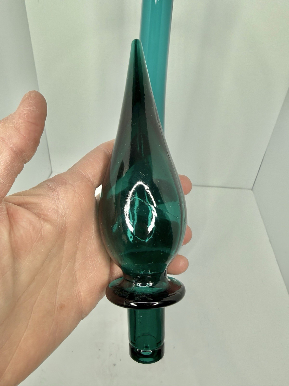 Vintage MCM Empoli Peacock Cased Glass 26.5” Genie Bottle Decanter W/stopper