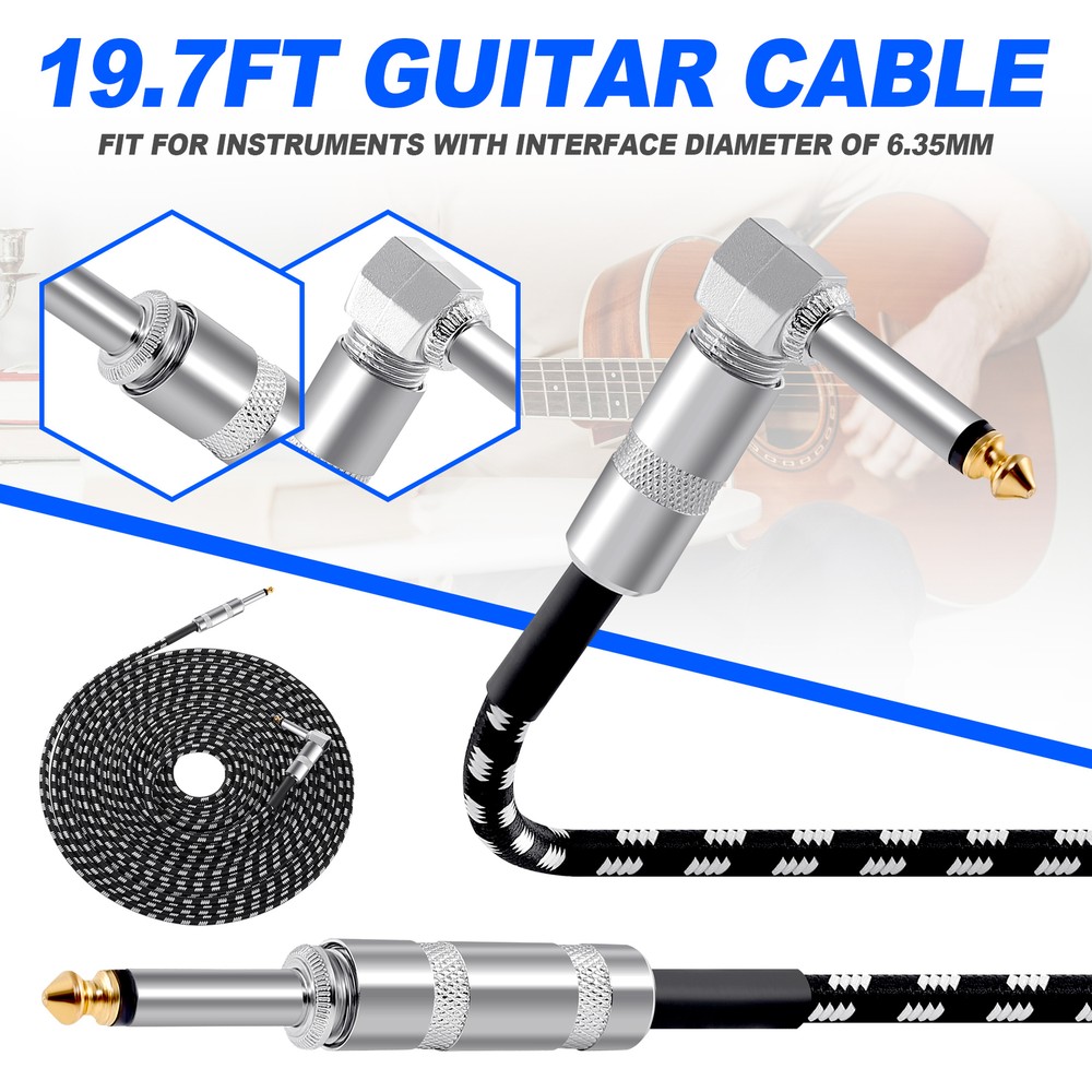 2 Pack 20ft Electric Patch Cord Guitar Amplifier Amp Cable Right Angle 90 Degree