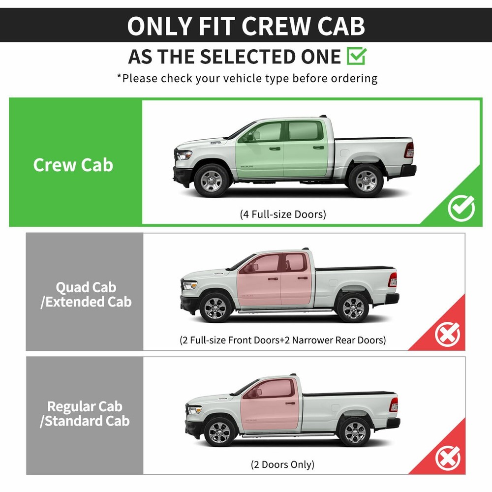 Running Boards for 2019-2026 Ram 1500 Crew Cab 6" Rectangular ABS Side Step Bars