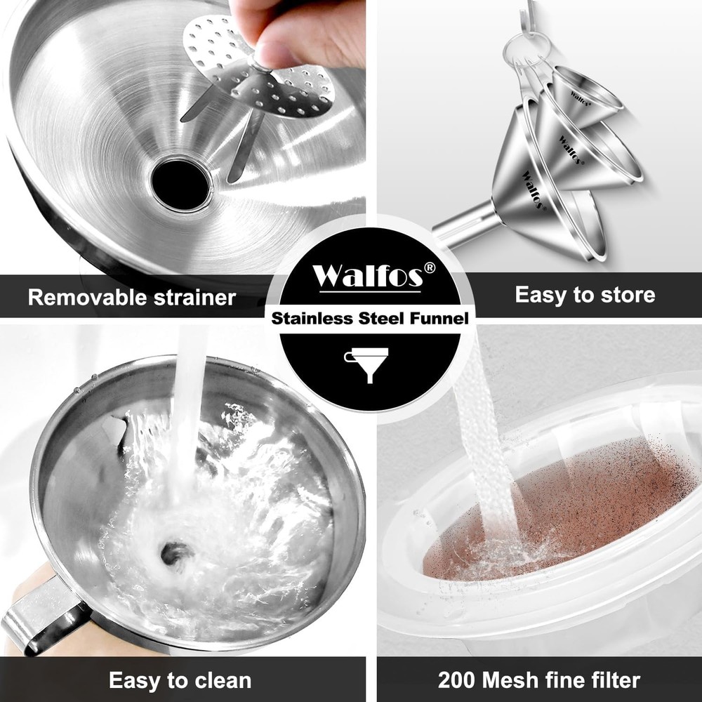 Stainless Steel Kitchen Funnel Set with Strainer & Brush