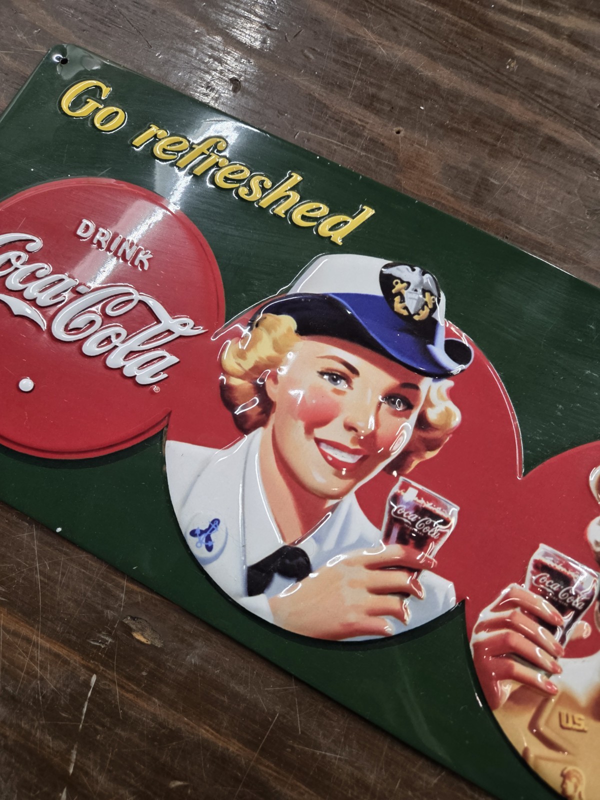 Coca-Cola Military Beauties Andy Rooney 3D Embossed Tin Sign Dark Green EUC