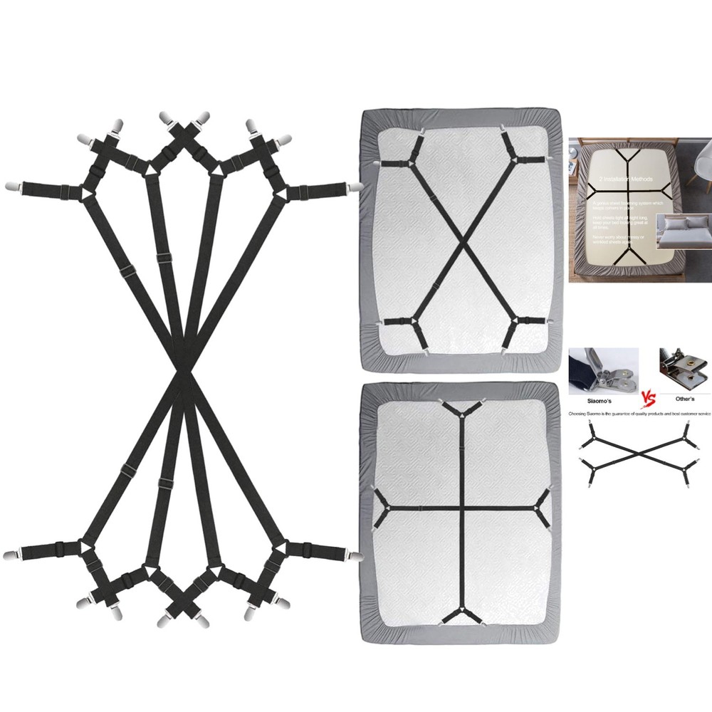 Adjustable Bed Sheet Clips - 4 Pack with Secure Crisscross Design, Black