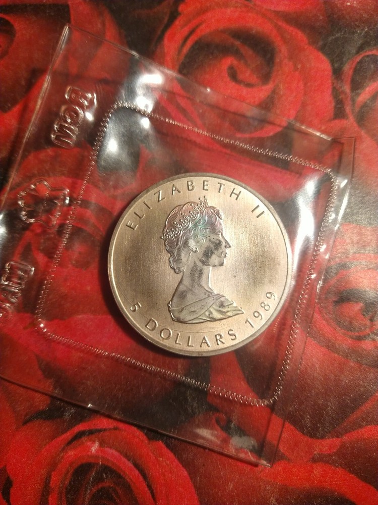 1989 $5 **SILVER** CANADA MAPLE LEAF QUEEN ELIZABETH IN ORIGINAL PLASTIC CASING
