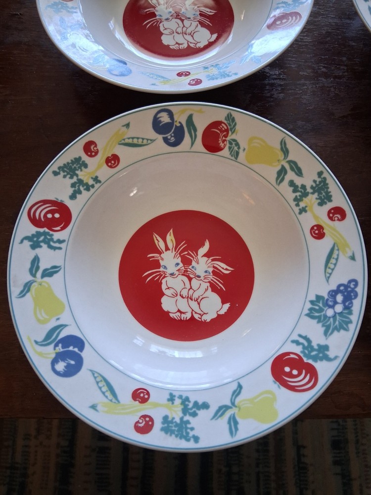 Mid Century Ceramic Dinnerware Red, Boy, Girl, Rabbits