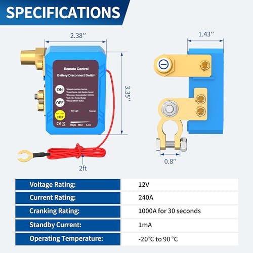 Remote Battery Disconnect Switch 12V 240A Kill Switch Side Installation
