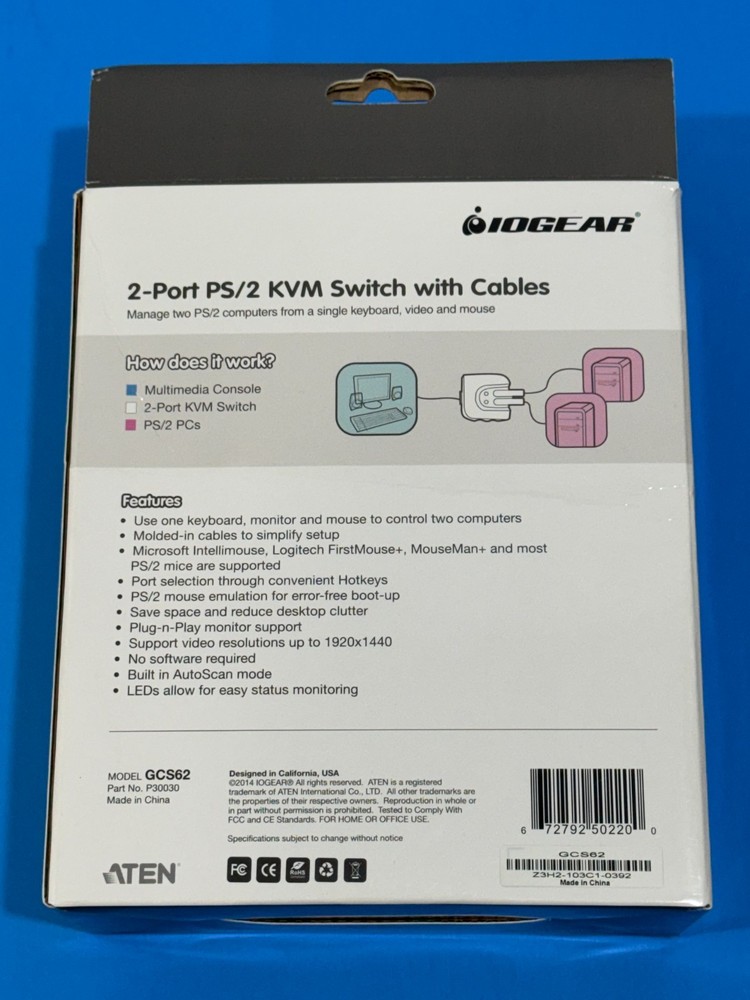 IOGEAR 2-Port KVM switch PS/2 Model: GCS62 - Never Used
