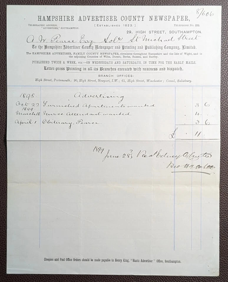 1899 Hampshire Advertiser High Street Southampton Newspaper Invoice