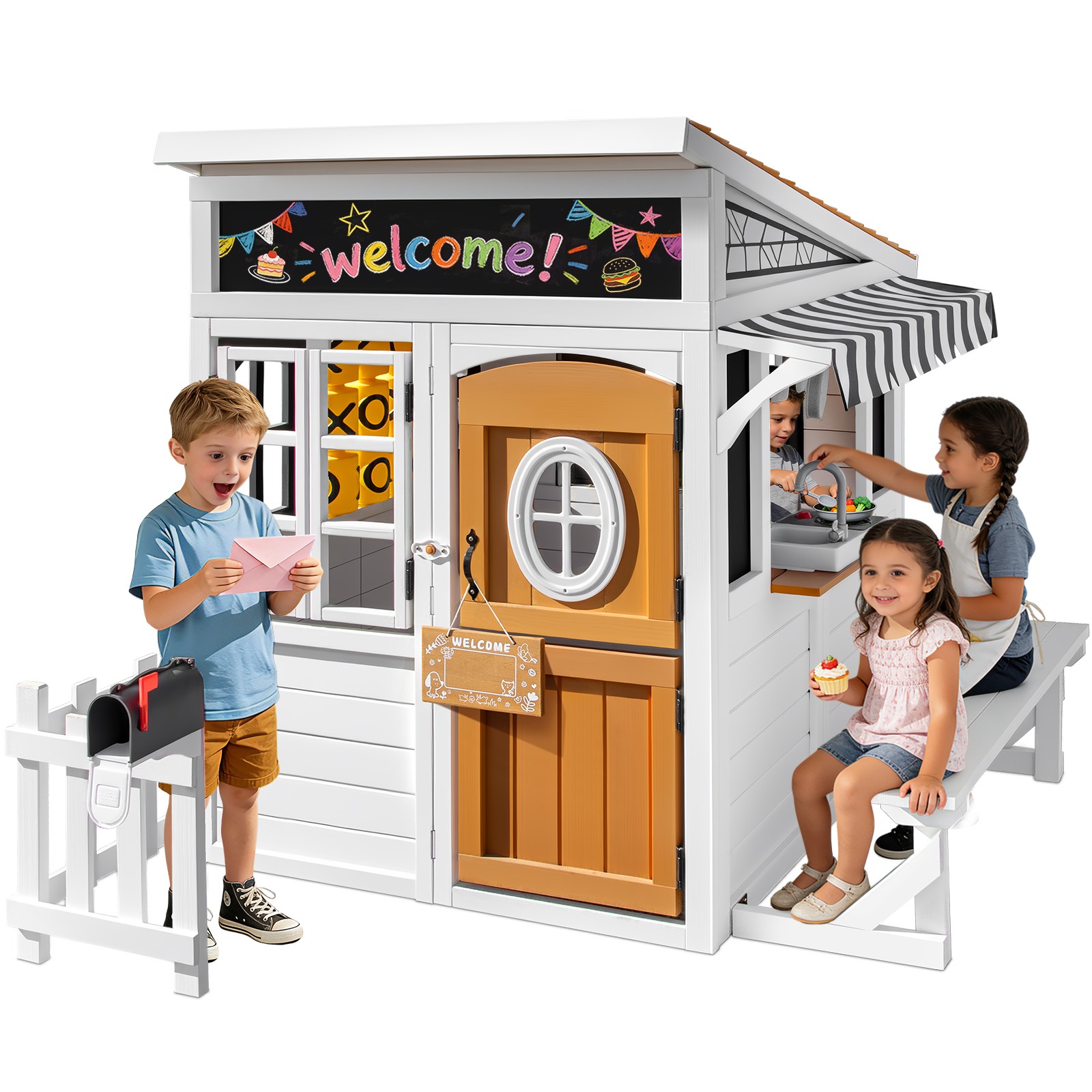 Kids Wooden Playhouse Outdoor Cottage Play Kitchen,Bench,Blackboard,Tic-Tac-Toe
