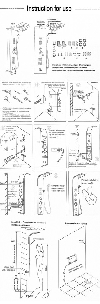 Black Shower Panel Rain&Waterfall Digital Display Handheld Spray Wall Mount Taps