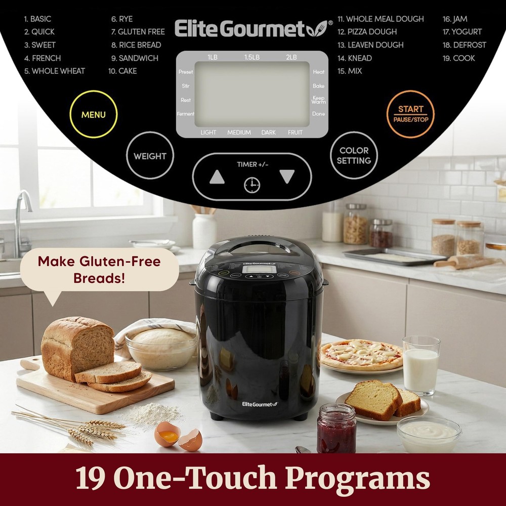 Elite Gourmet Programmable Bread Maker, 2 lb Loaf, 3 Sizes, 19 2 Lb., Black