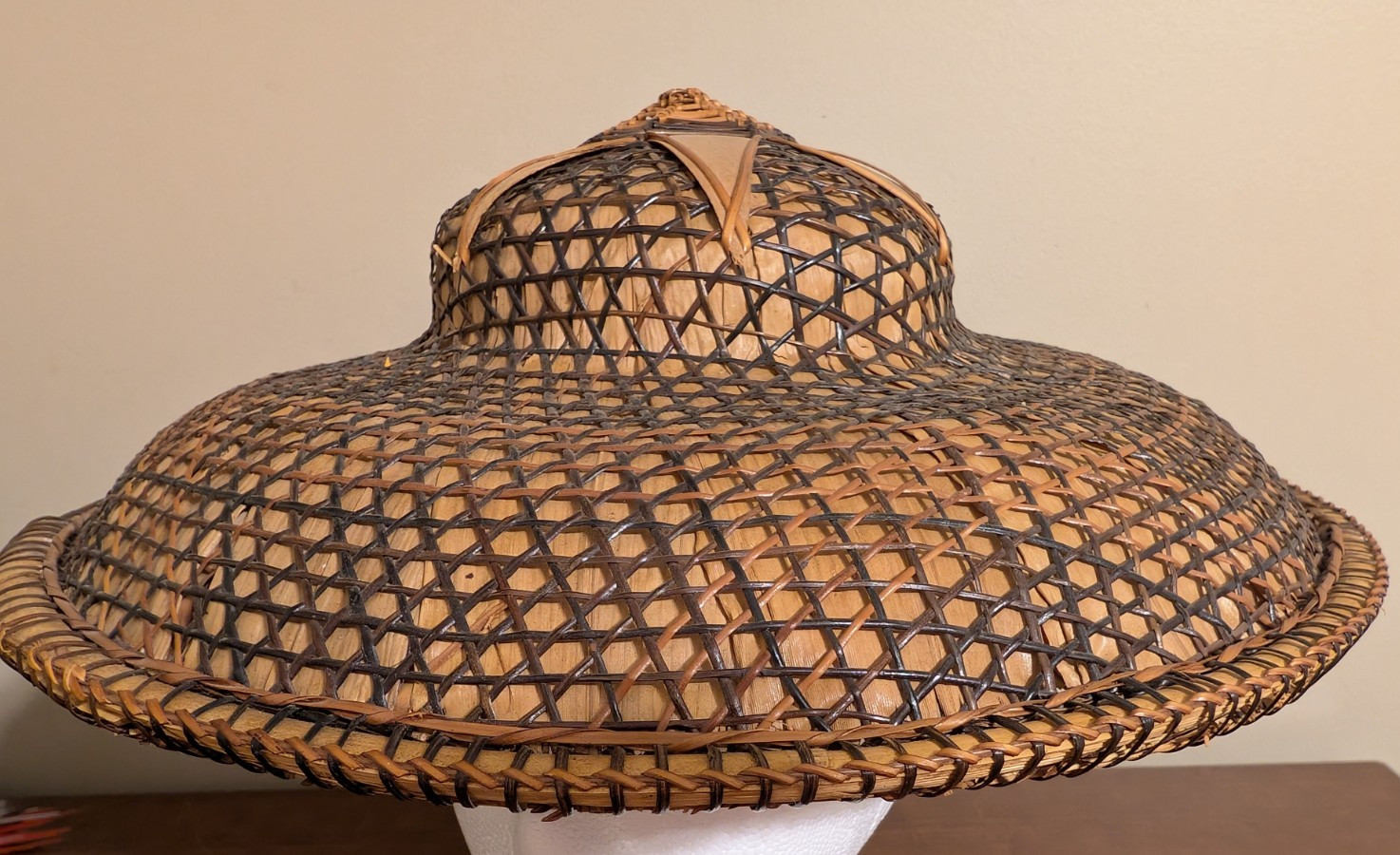 Vintage Filipino Salakot Woven Rattan and Coconut Fiber Sun Hat 15” Diameter