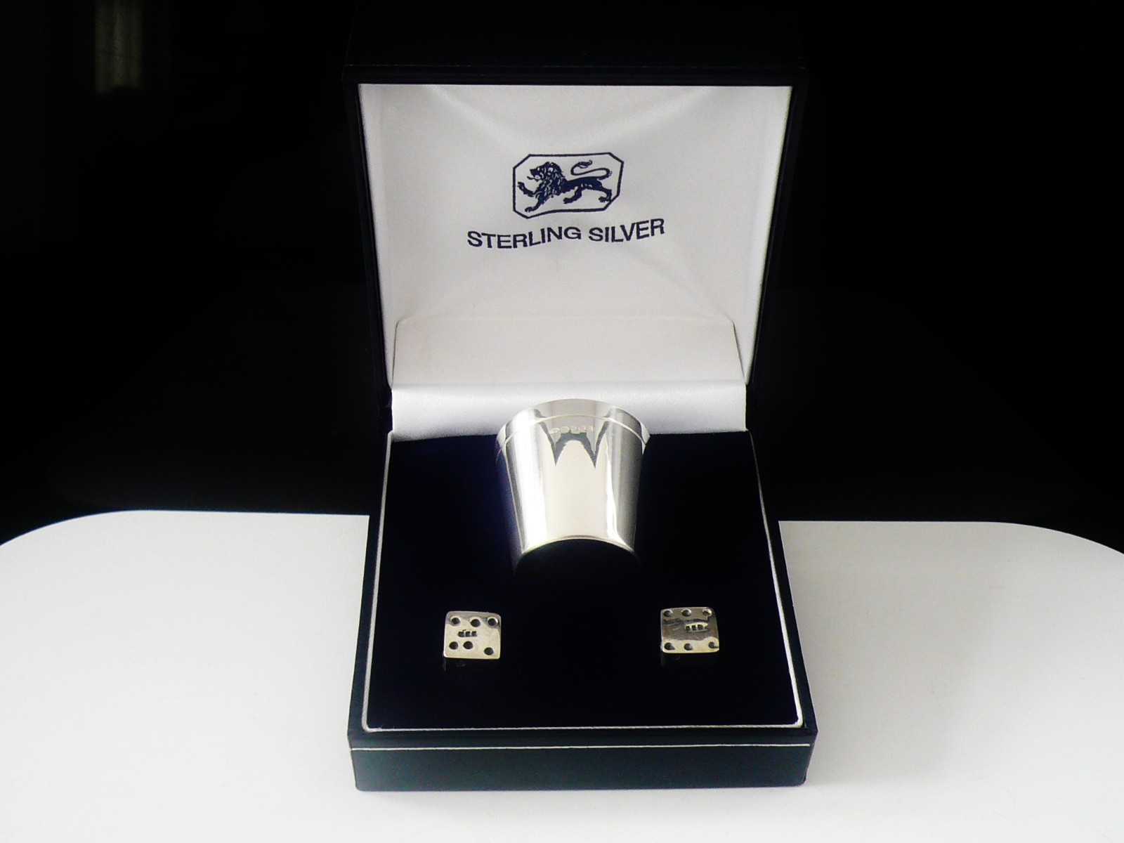 Cased Sterling Silver Dice Shaker Cup with Dice, Sheffield 2003