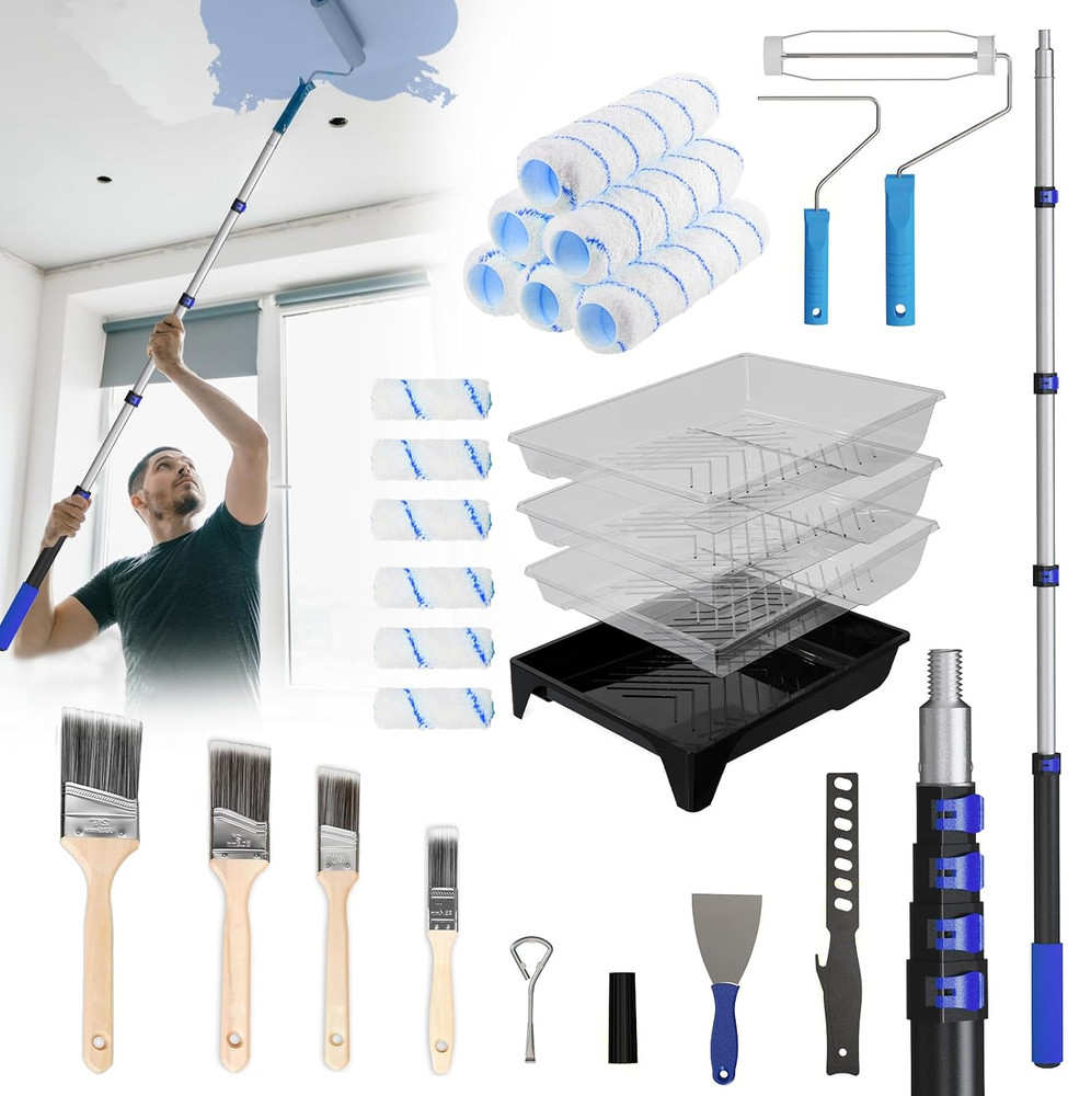 Paint Roller Kit with 4.4FT Telescoping Extension Pole, 27 PCS Paint Brushes Kit