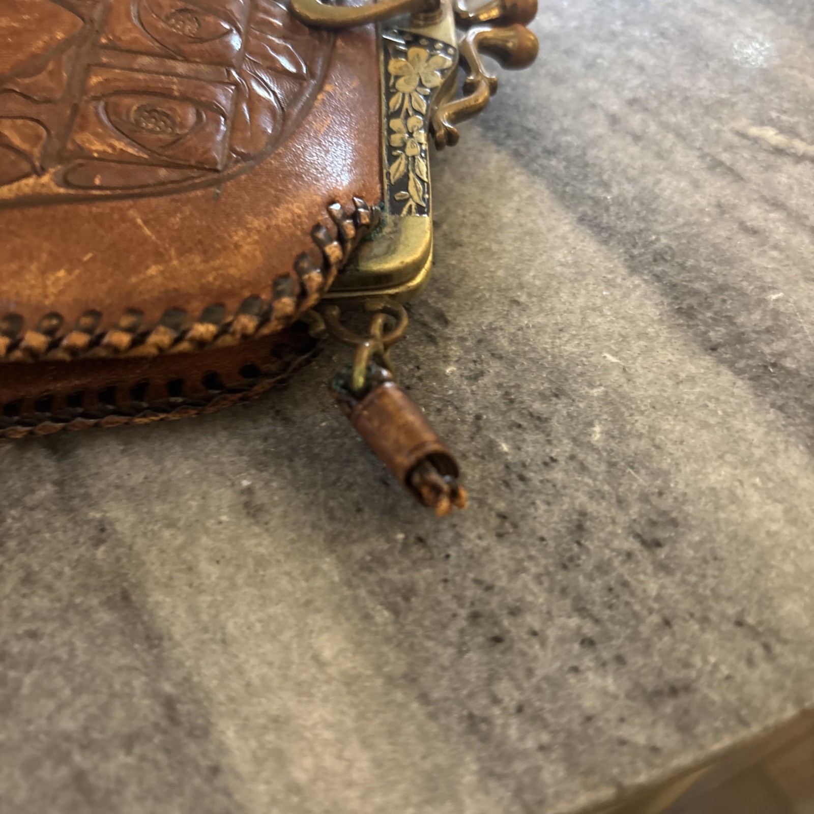 Antique TOOLED LEATHER PURSE Art Nouveau Stylized Lily Suede Inside