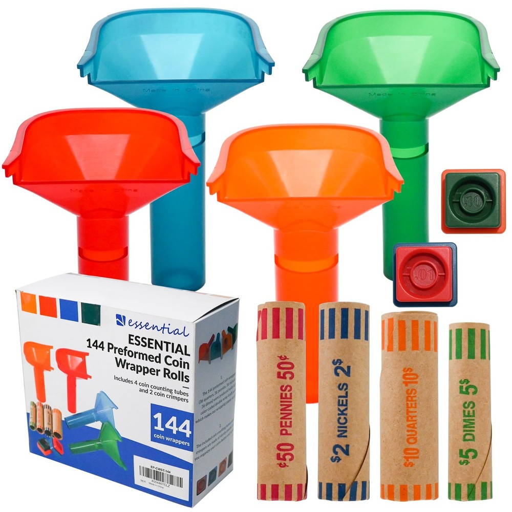 144 Pcs Assorted Coin Wrapper Rolls with Color Coded Tubes & Crimping Tool
