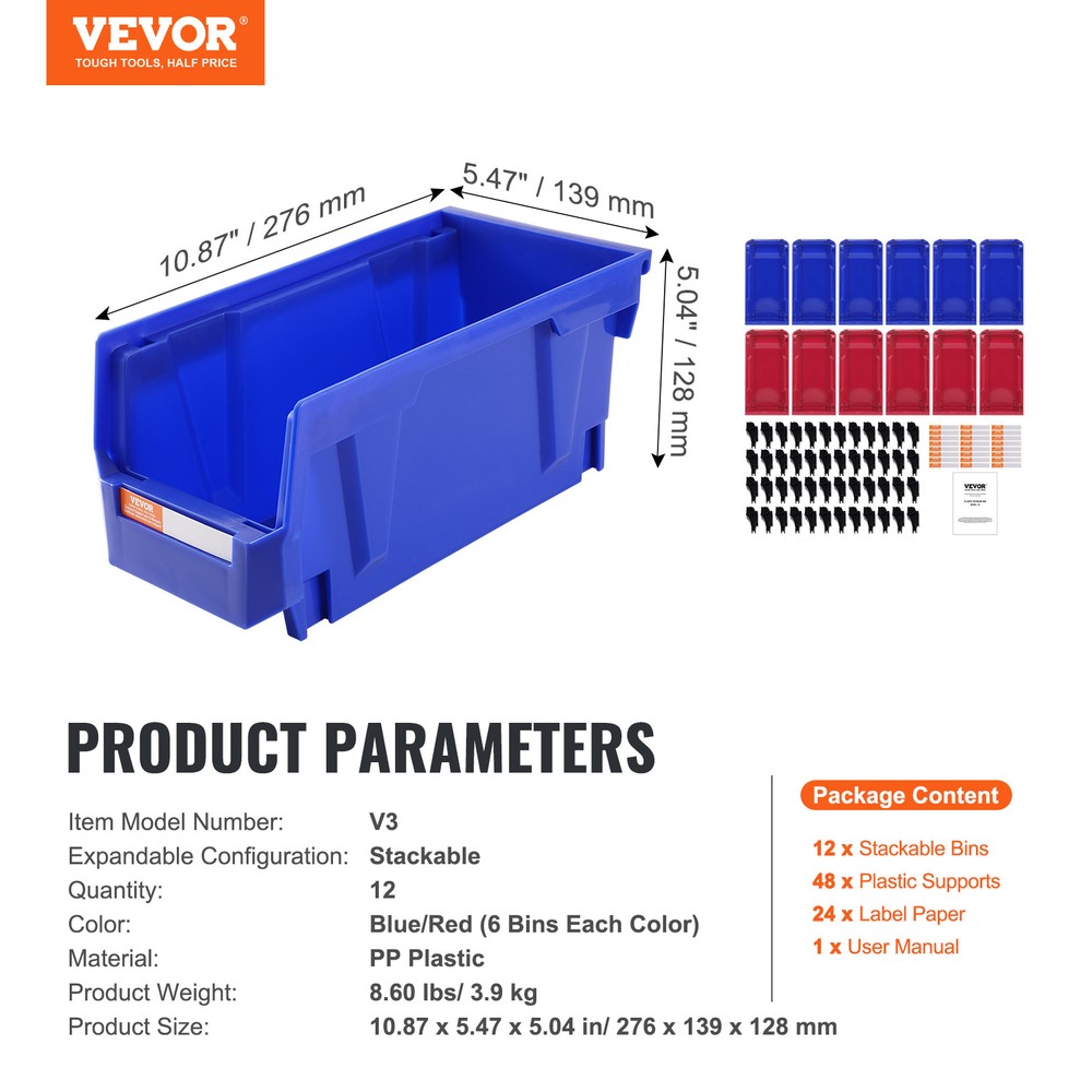 VEVOR Hanging Stackable Storage Bin Plastic Organizer Garage Box 12 PCS Blue/Red