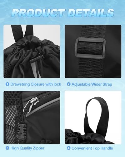 Mesh Swim Bag Drawstring Backpack Beach Backpack for Swimming, Pool, Black