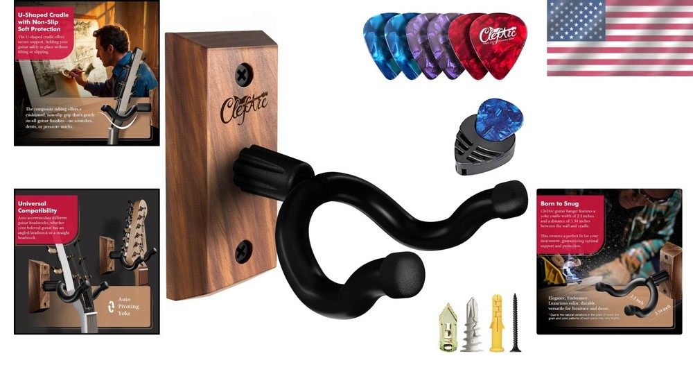 Black Walnut Guitar Wall Mount with Picks & Hardware