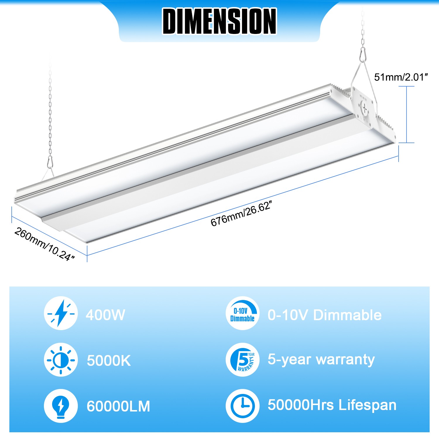 Super Bright 400W 60000LM 2.2FT LED Linear High Bay - Shop Warehouse Lighting