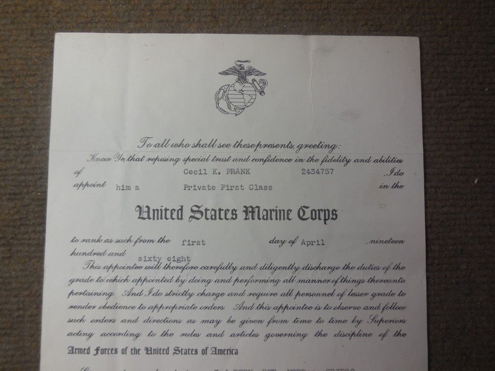 1968 USMC Vietnam War Private First Class Promotion Document