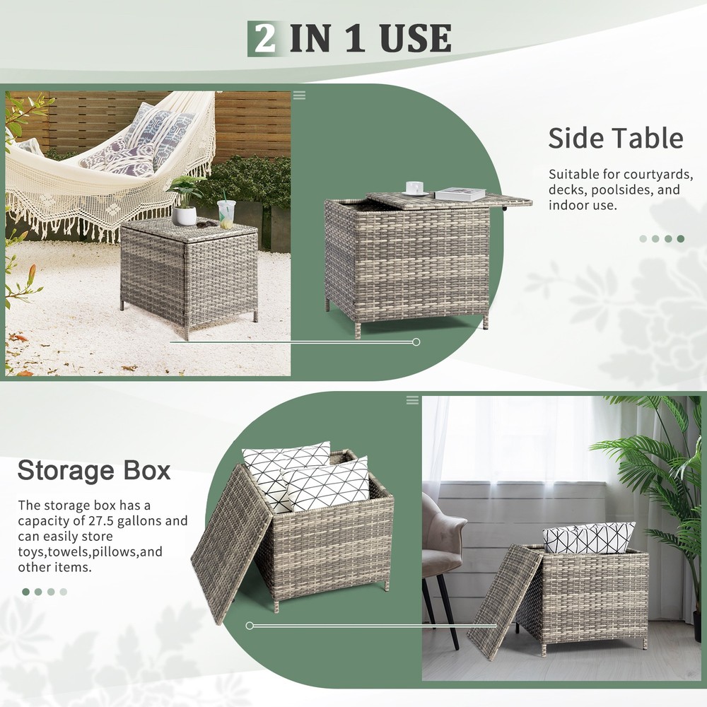 PE Wicker Side Table with Storage, Patio Rattan End Table Square Container
