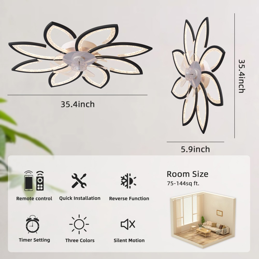 35.4 Inch Ceiling Fan with Light & Remote Control, Dimmable LED, Easy Install