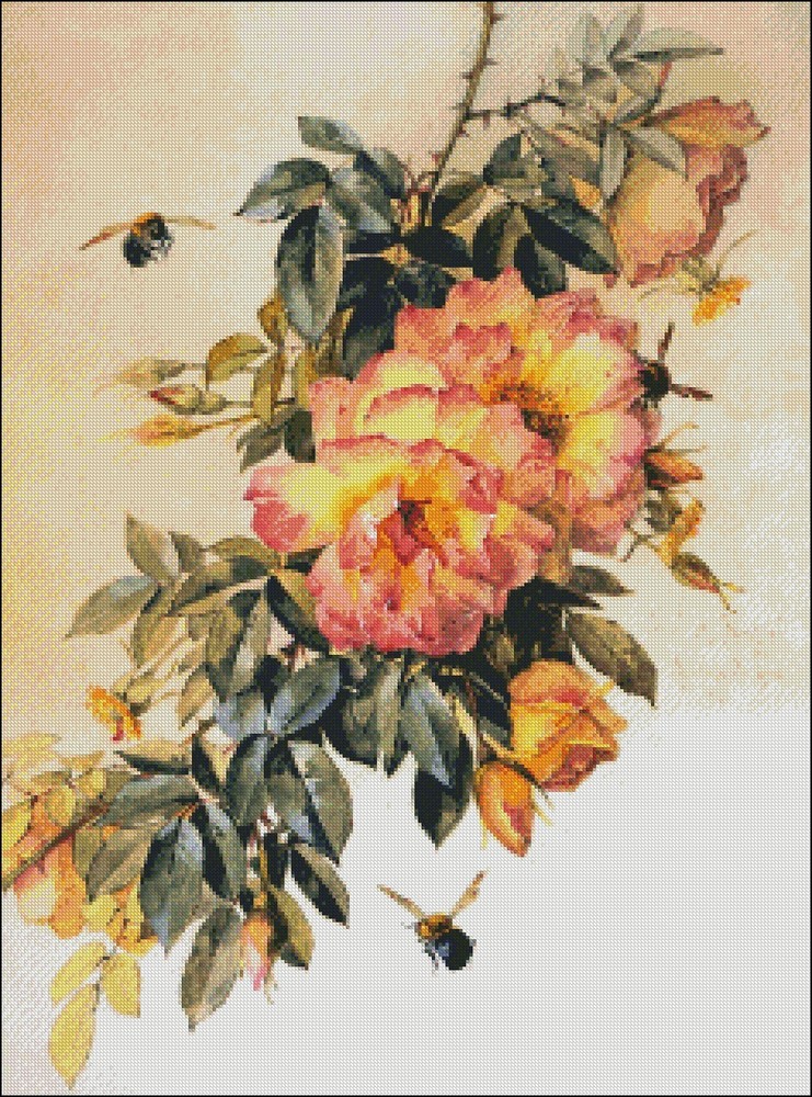 Chart Needlework DIY Counted Cross Stitch Patterns - Roses and Bumblebees II