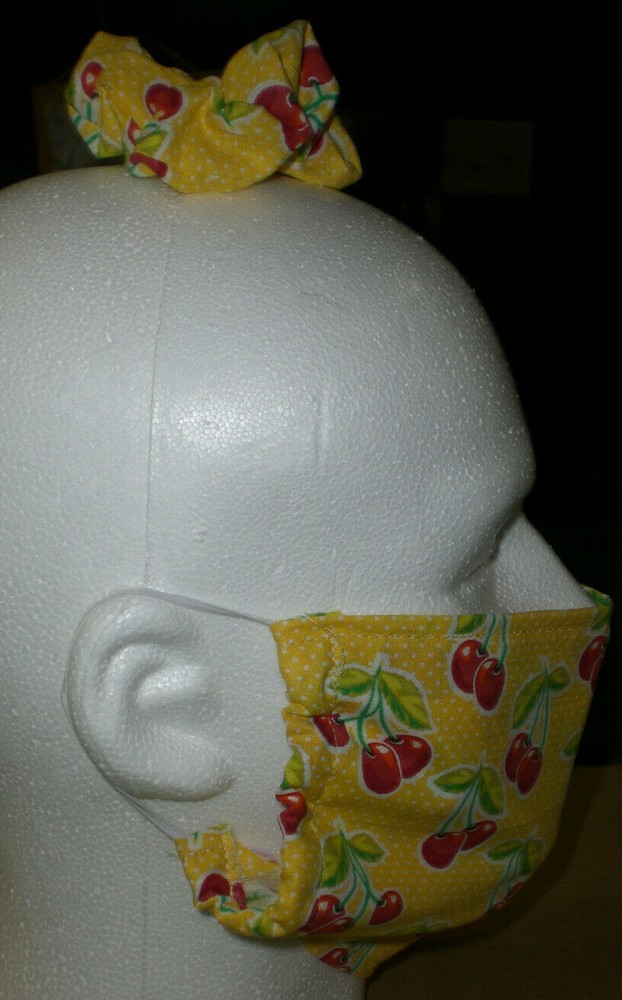 Face Mask Cherry Pattern Covering & Scrunchie Set 100% Cotton Washable Reusable