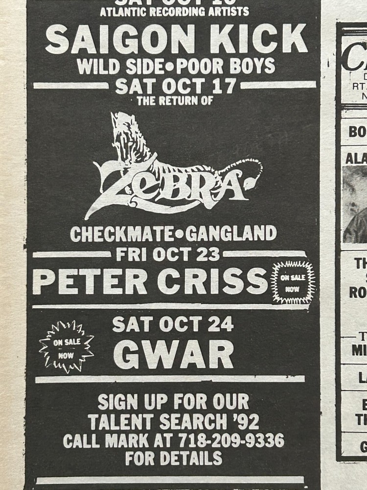 KISS Concert Ad Advert PETER CRISS Tour Oct 23 1992 L'Amour NYC Vintage Kiss