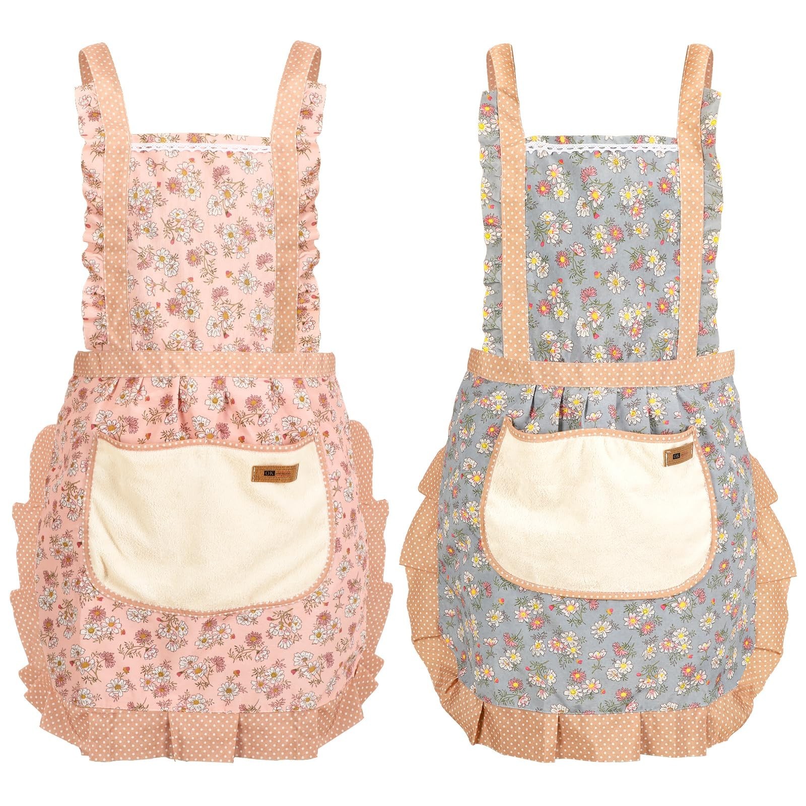 AUGSUN 2Pcs Women Aprons with Pockets, Girls Floral Apron with Big Pocket Bak...
