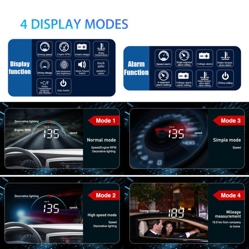 Digital Speedometer Head Up Display OBD2 Overspeed Tired Warning 4 Display Modes