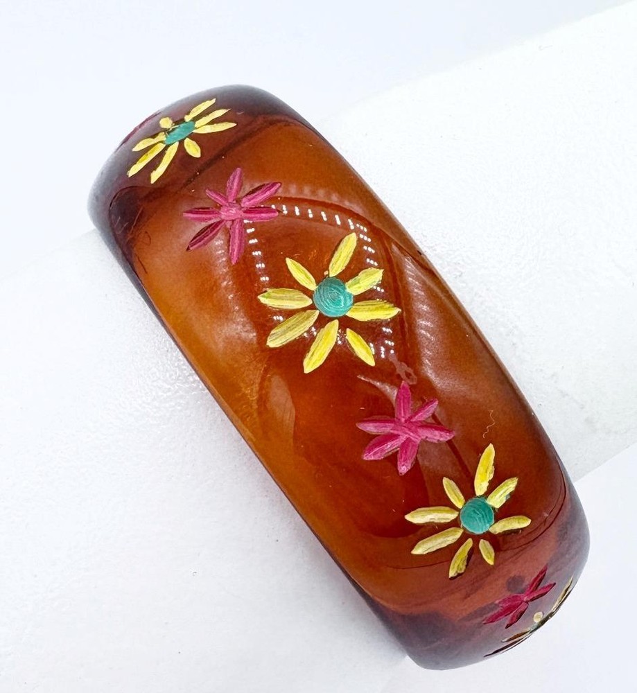 Vintage Shultz Carved & Painted Translucent Root Beer Bakelite Bangle Bracelet