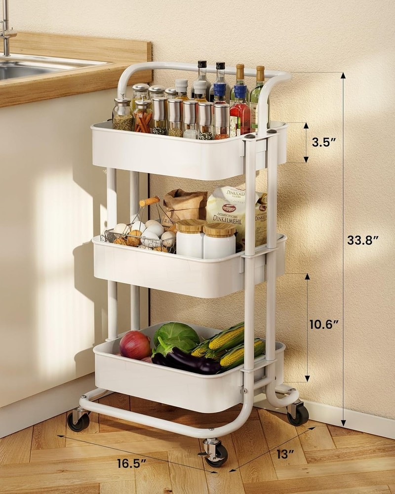 Adjustable 3 Tier Utility Cart with Handle, Lockable Wheels