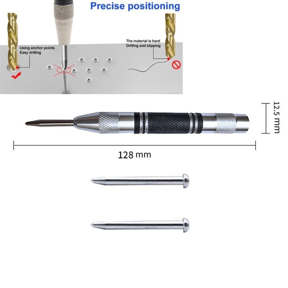 Automatic Center Punch Spring Loaded Tool Woodworking 1 Pc Black+silver