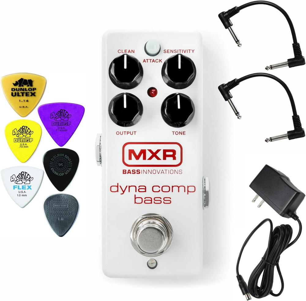 MXR M282 Bass Dyna Comp Mini Bundle with 2 Patch Cables, Dunlop Pick Pack, and P