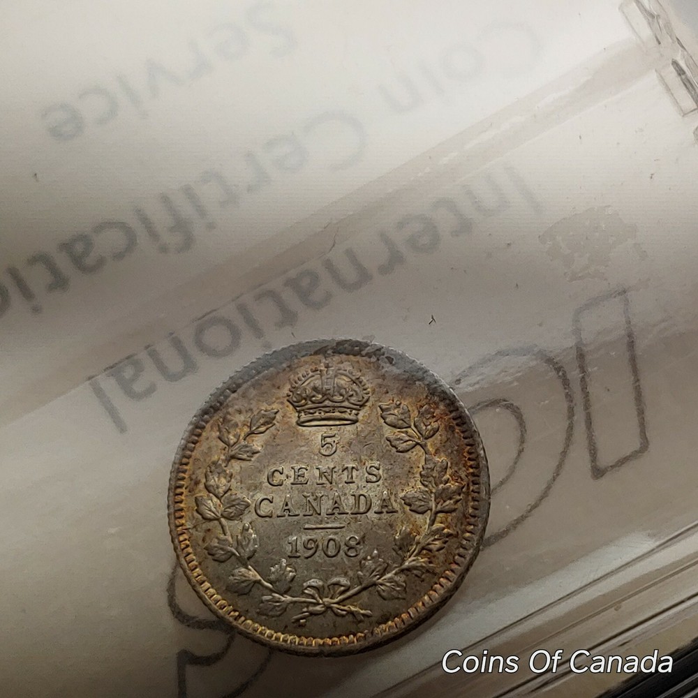 1908 Canada 5 Cent Coin - Old Graded ICCS EF-45 Large 8 Variety #coinsofcanada