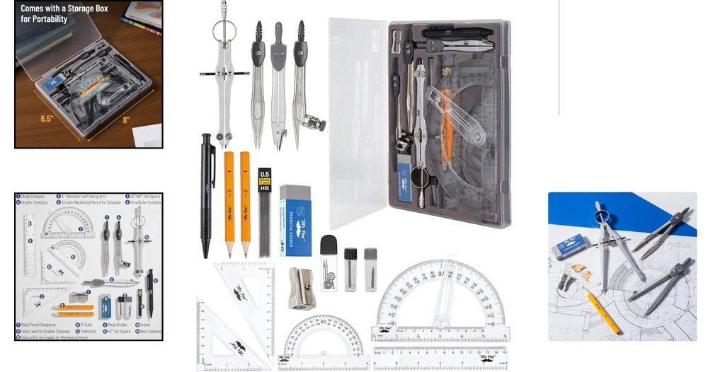 Classic Slate Geometry Set - 15 Essential Pieces Including Protractor & Divider