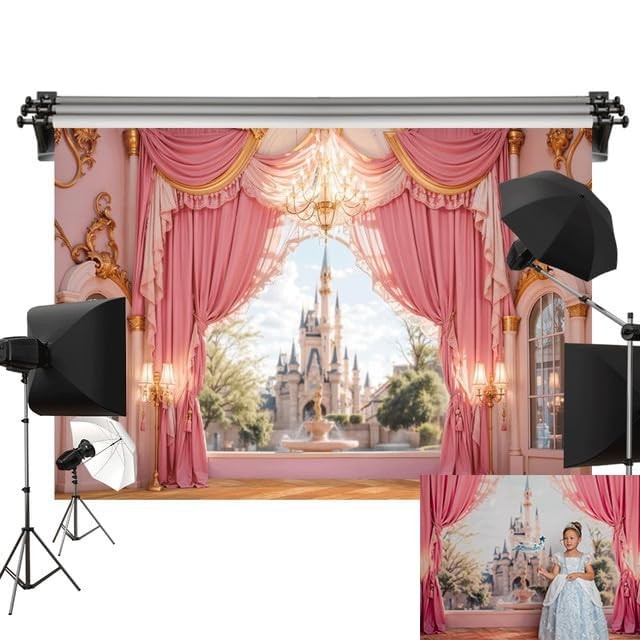 7x5 ft Castle Backdrop Photography Pink Curtains Computer Printed Props