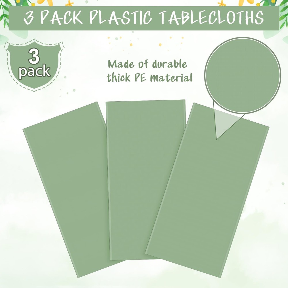 3Pack Sage Green Plastic Tablecloths for Rectangle Tables, Light Green Dispos...