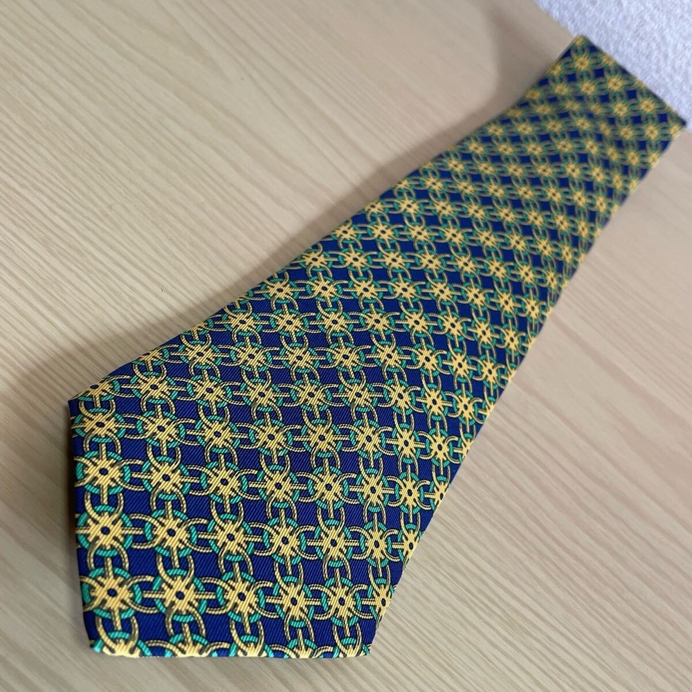 HERMES Blue Gold Green Gear Pattern Tie