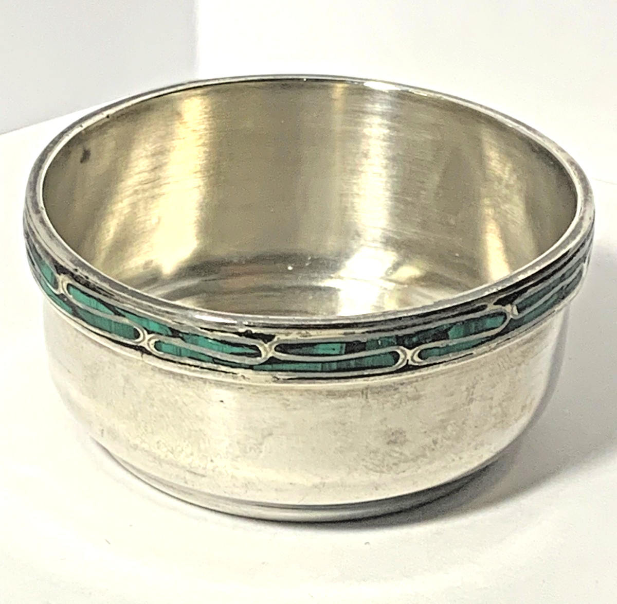 Vintage Sterling Silver Bowl Dish with Inlay Malachite Stone Mid Century Modern