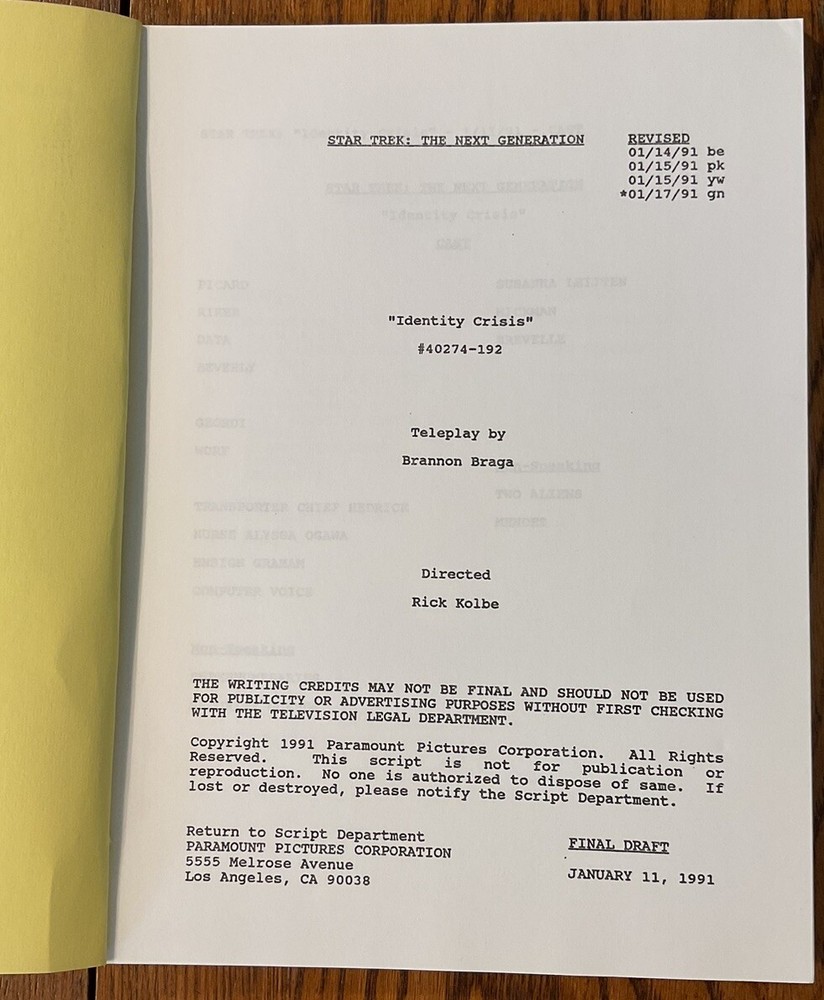Star Trek The Next Generation, Final Draft Script, 1991, Identity Crisis