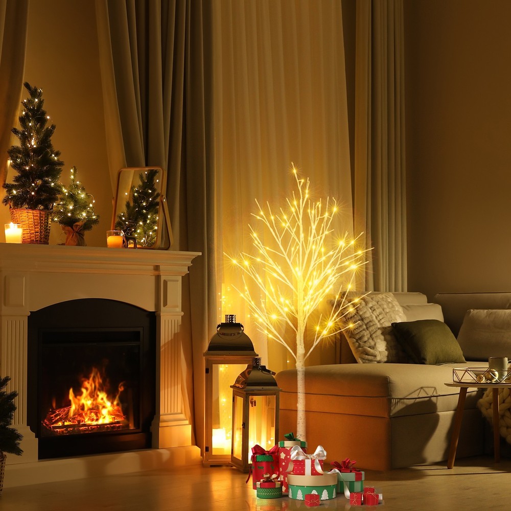 US 4ft Prelit White Snowflake Artificial Birch Christmas Tree w/48LED Lignt&Base