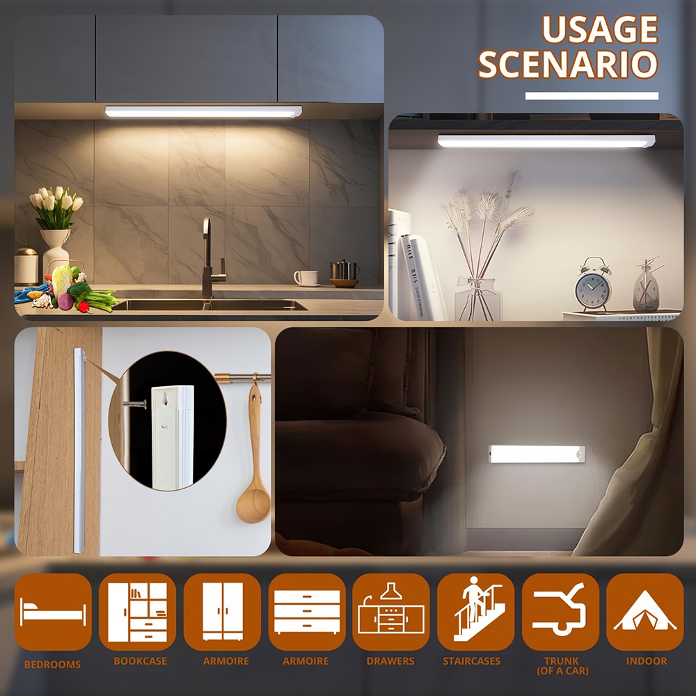 4-Pack LED Under Cabinet Lights, Rechargeable Motion Sensor, 3 Color Dimmable